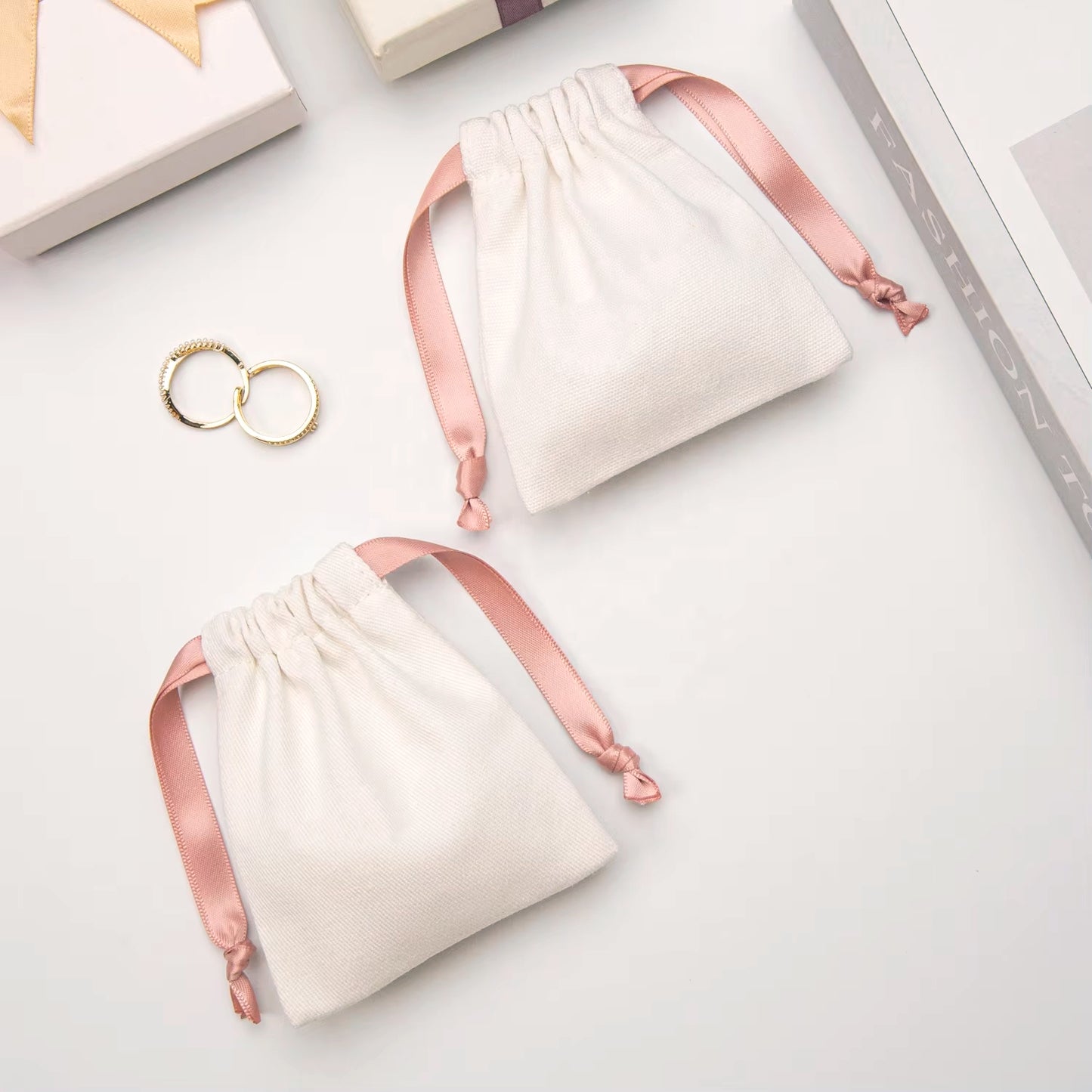 【OT523】 コーラルモーヴリボンコットン巾着