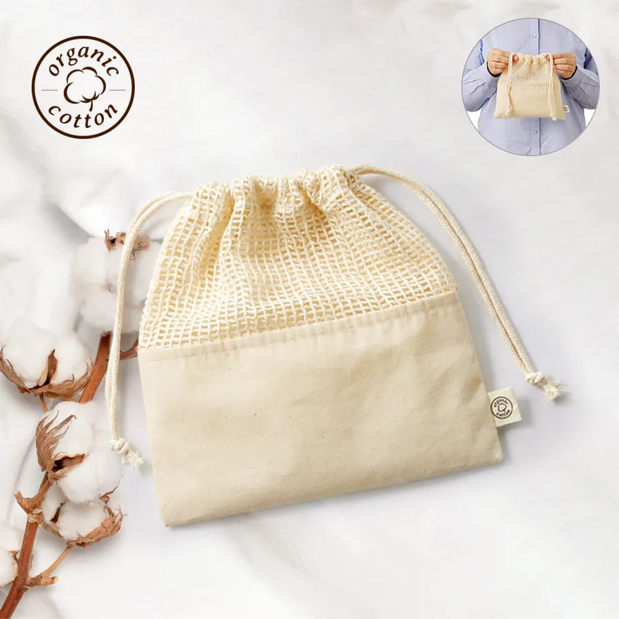 【TR-1166】 オーガニックコットンネット巾着（M）　ナチュラル